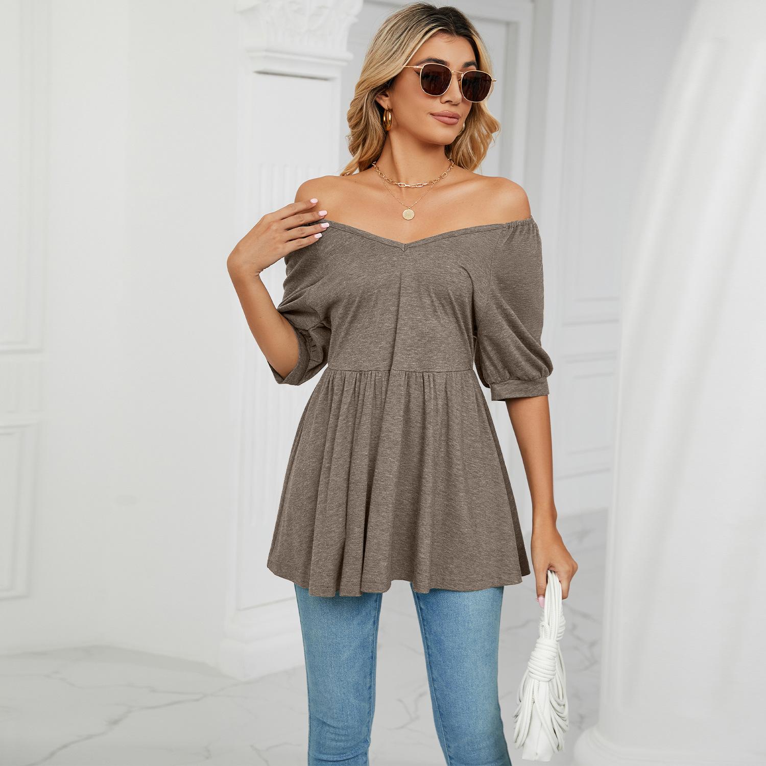 

GMXIA Женские модные повседневные однотонные блузки и рубашки с короткими рукавами и v-образным вырезом с принтом XXL кофейный