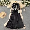High-end Elegant Temperament Dress Women's Autumn French Mesh Printing Long-sleeved Splicing Strap Waist Dress