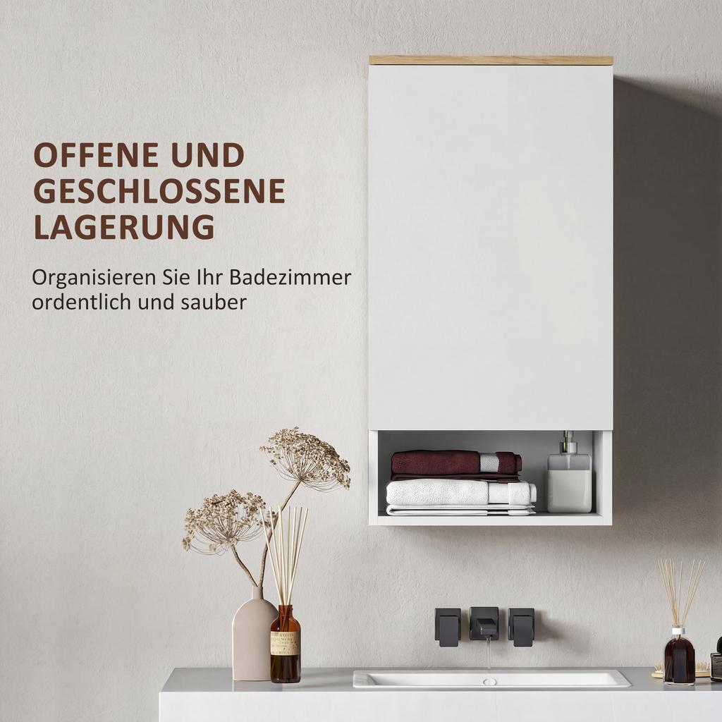 Wandhängendes Badezimmerschrank, Wandregal für Badezimmer mit verstellbaren Regalen, offenes Fach, Holz, weiß