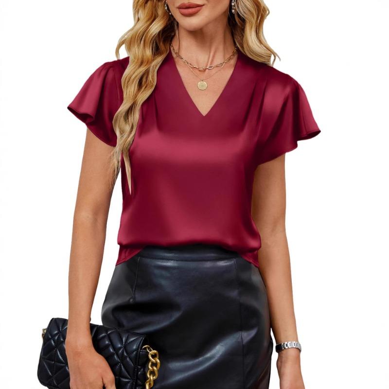 V-Ausschnitt Chiffonbluse Kurzarm Locker sitzendes Hemd