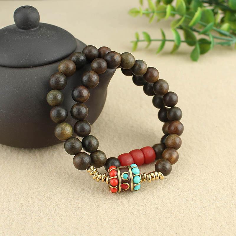 Tibetanskt nepalesiskt armband i grönt sandelträ för män och kvinnor, retro, naturligt rosenträ, flerfärdigt pärlarmband med smycken