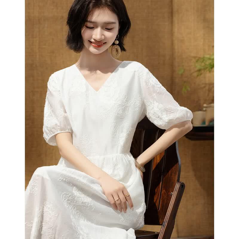 Demana Elegant Summer Embroidered V-neck Midi Dress