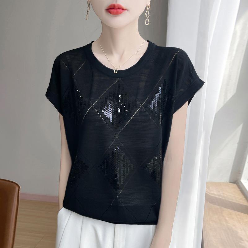 Summer New Round Neck Sequined Knitted Short-sleeved T-shirt Thin Ice Silk Shirt Top for Women