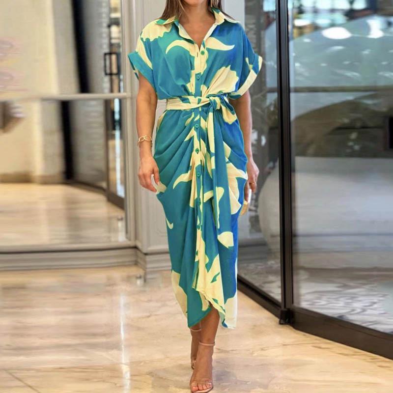 European & American Women's Fashion Print High Waist Short Sleeve Shirt Dress