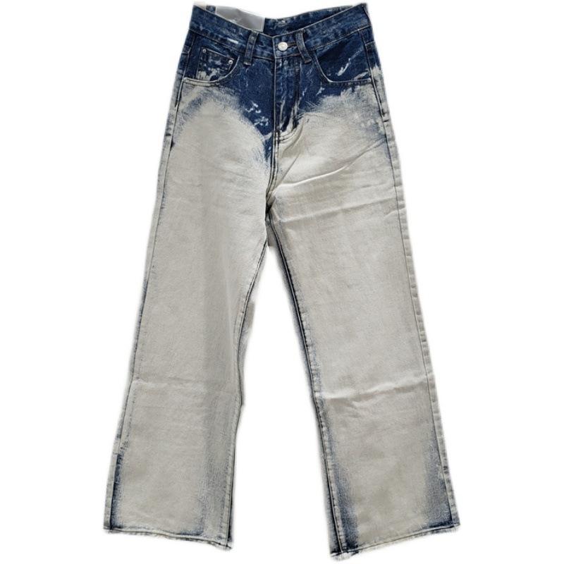Gerade beschichtete Jeans Damen Herbst Neu High Street Tie-Dye Hohe Taille und Dünnes Weites Bein Bodenlange Hose Trendige Marke