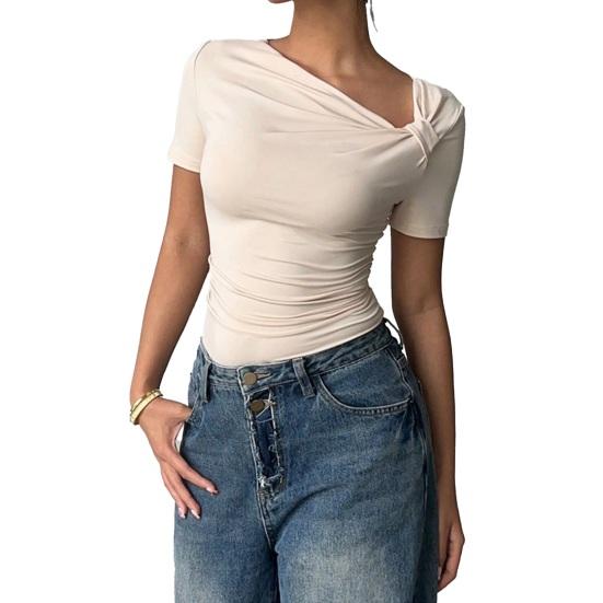 Chemise Femme Manches Courtes Col Biais Style Commuting Hauts Décontractés Coupe Ajustée Couleur Unie T-shirt d'Été