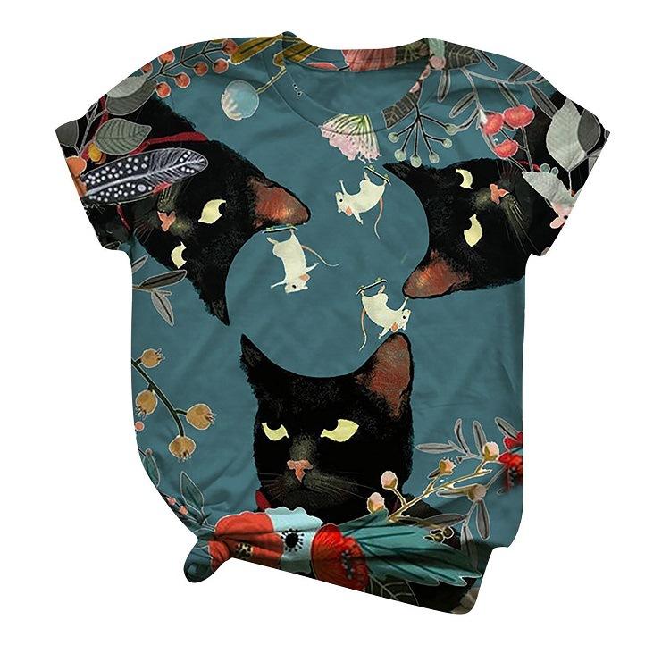 Summer New Style Summer Women's Loose Round Neck Short Sleeve Cat 3D Printed T-shirt