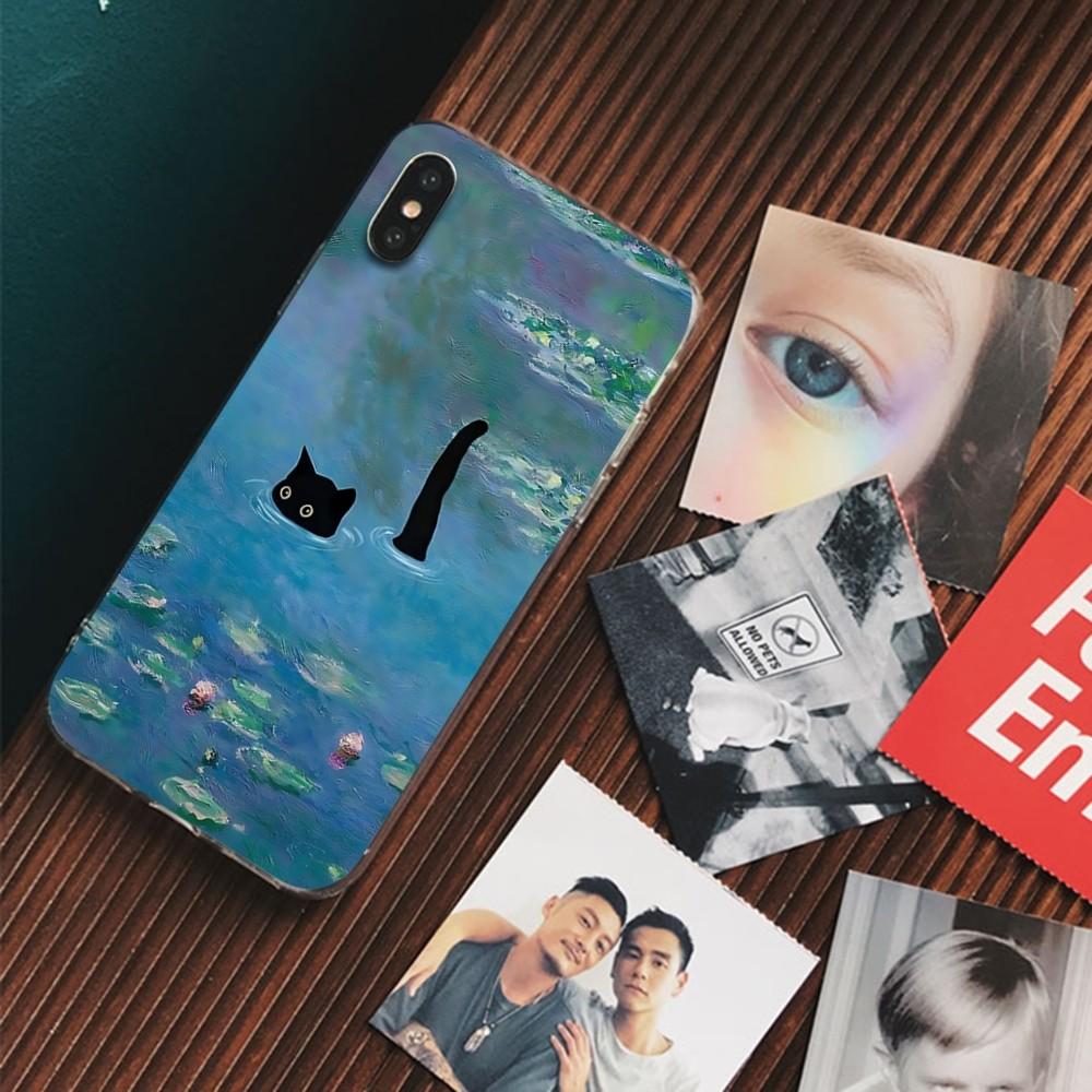 Cartoon Animal Black Cat Oil Painting Phone Case For IPhone 16 15 14 13 12 Mini 11 Pro XS Max X XR SE 6 7 8 Plus Silicone Cover