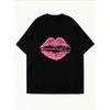 Camiseta Casual Blanca Rosa Labios Estampado con Cremallera para Uso Diario y Atuendos de Moda