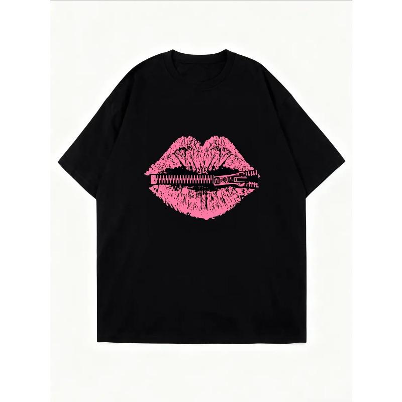 Camiseta Casual Blanca Rosa Labios Estampado con Cremallera para Uso Diario y Atuendos de Moda