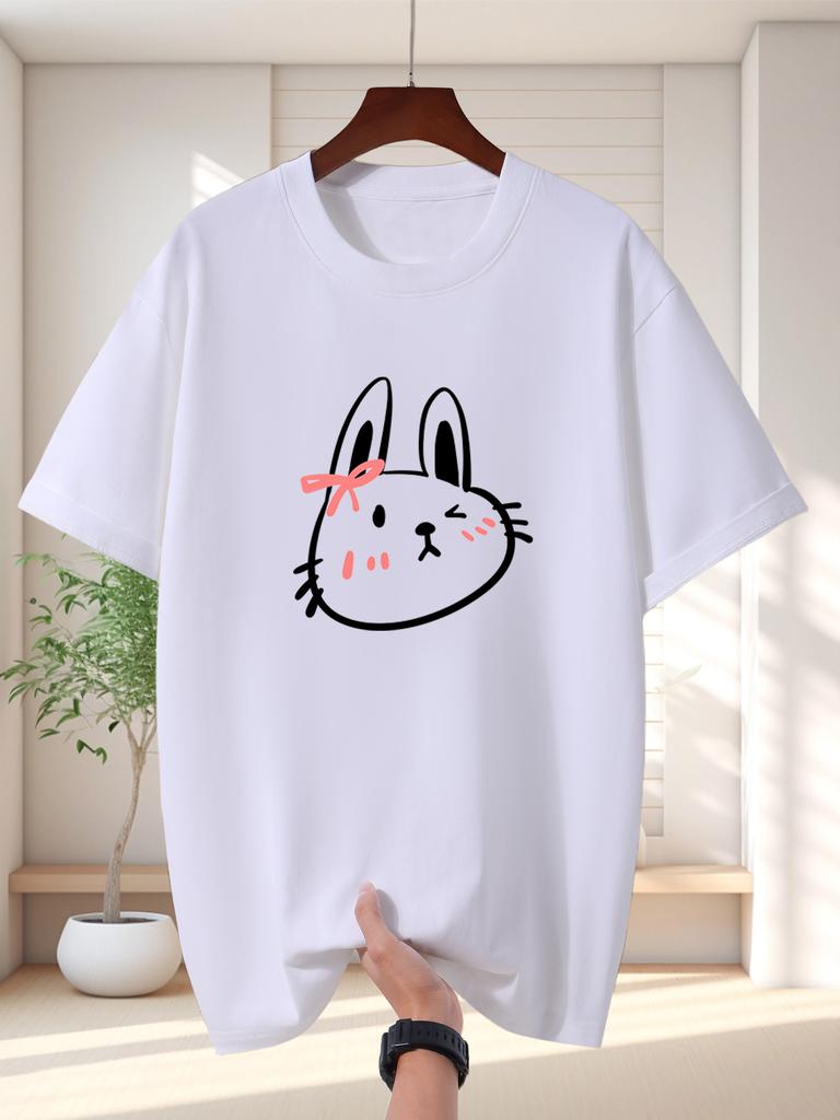 Unisex T Shirt Cute Bunny Pink Bow Graphic Tee Minimalist Line Art Print Short Sleeve O Neck Loose Casual Tops Summer Streetwear