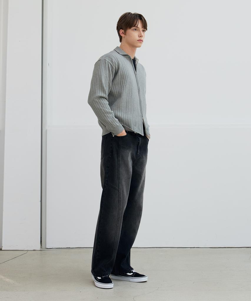 Nodu Rivet Collar Ribbed Knit Zip-Up Cardigan [Gray]
