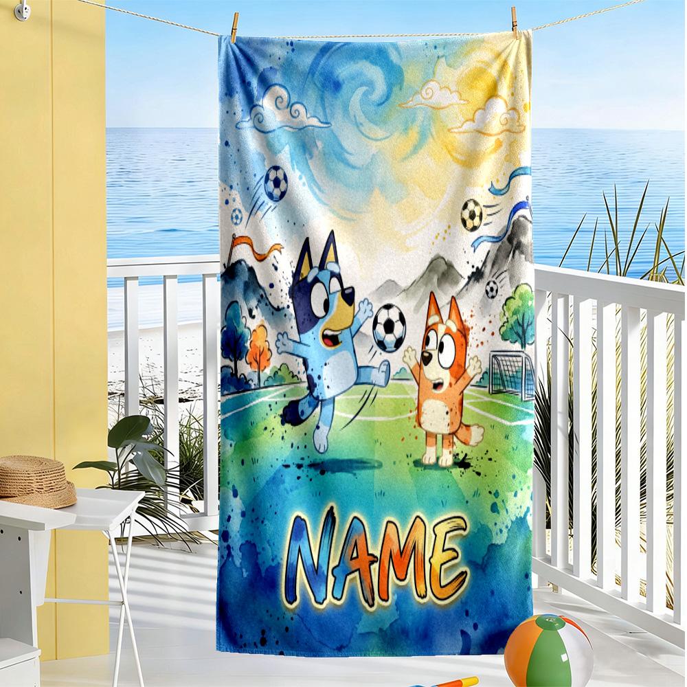 Bluey's Soccer Adventure Customize Text Beach Towel Quick-Dry Soft Microfiber Portable for SwimmingBeachCamping Travel Beach AccessoriesGym