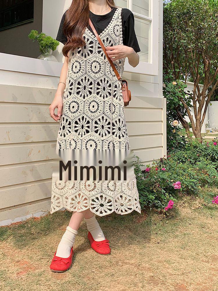 Großformatiges Sommer-Retro-Schicht-Häkelkleid & Schwarzes T-Shirt Set für Damen