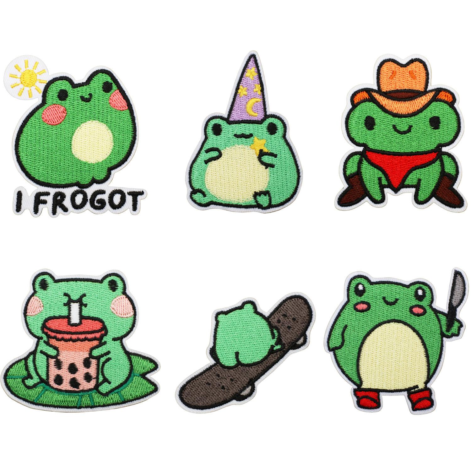 Animated Frog Embroidery Cloth Sticker Knife Frog Patch Sticker Clothes Decoration Milk Tea Frog Computer Embroidery Sticker Ironing A set of 6 pieces