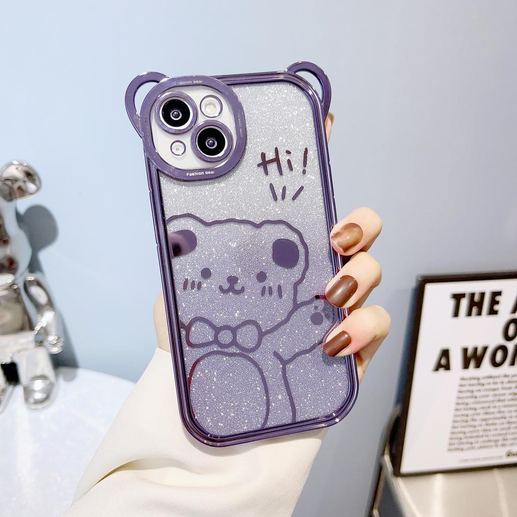 Crossbody Compatible iPhone 14 Case Apple 15 Cute Bear Electroplated Glitter 16 Full Coverage 13 Lanyard Phone Case
