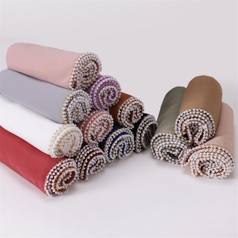 Luxury  Pearl Chain Bubble Chiffon Hijab Veil Ramadan Long Necklace Scarf Shawl Headscarf Bufandas Muslim Headband 175*70Cm