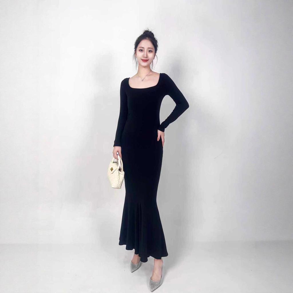 Elegant Black German Velvet Fishtail Evening Dress, Warm & Versatile, Wide Collar, Slim Fit High-End Design