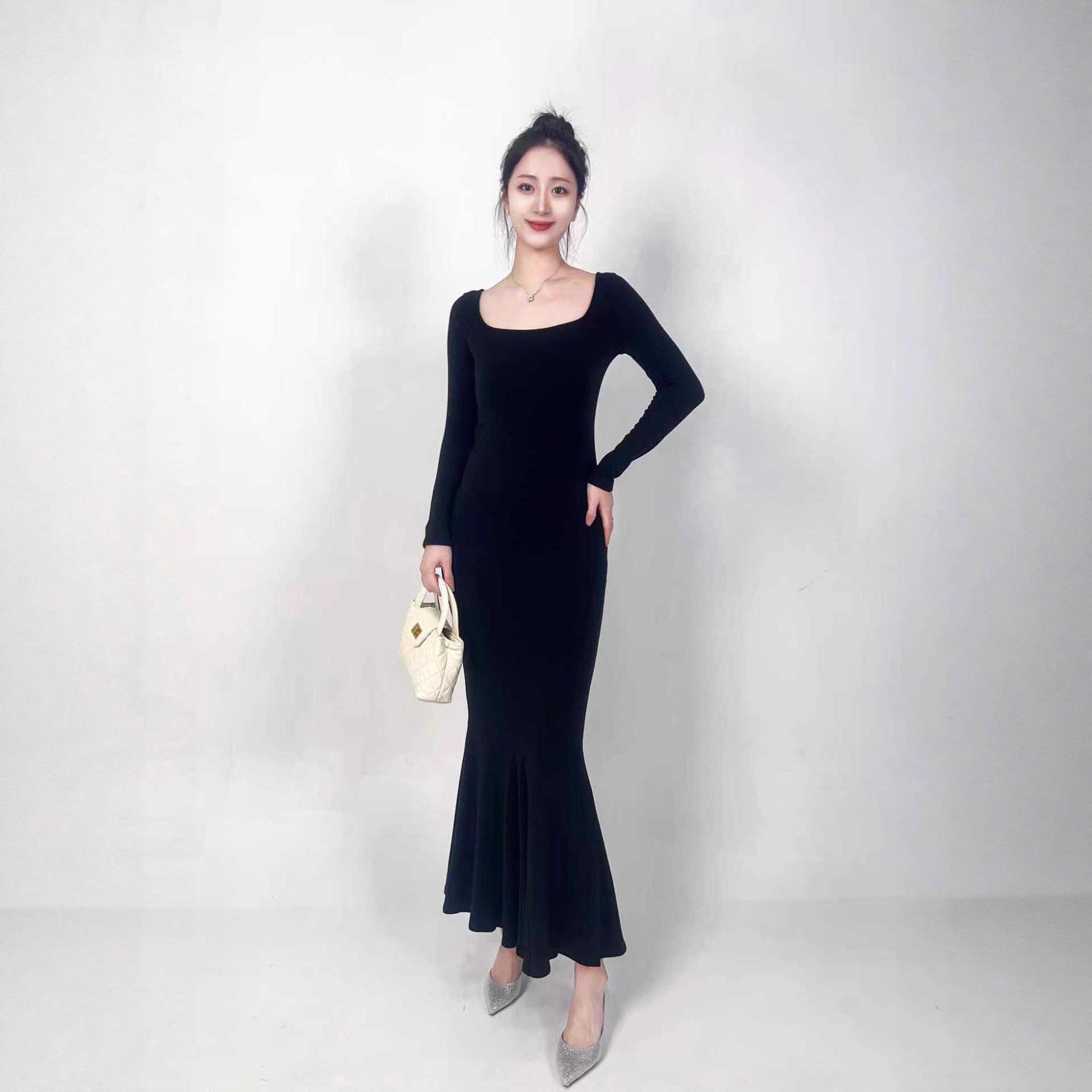 Элегантное Черное Немецкое Бархатное Вечернее Платье-Рыбка, Теплое и Универсальное, Широкий Воротник, Облегающий Силуэт, Высококлассный Дизайн Large