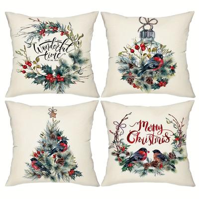 Festive Christmas Pillow Covers: Wreaths, Birds, and 'Merry Christmas' Designs Sofa Cushion Cover New Year Home Room Decoration