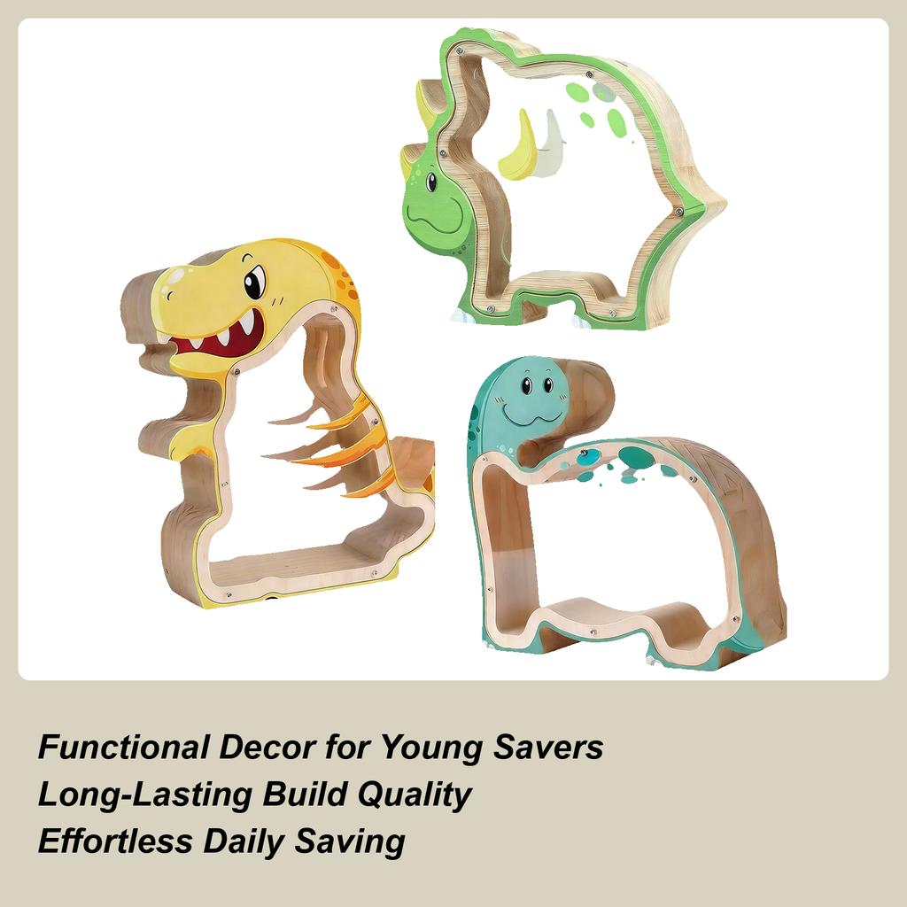Kids Wooden Dinosaur Piggy Bank Coin Bank Wooden Dinosaur Safe Cash Box Transparent Design Coin Jar For Boys Girls