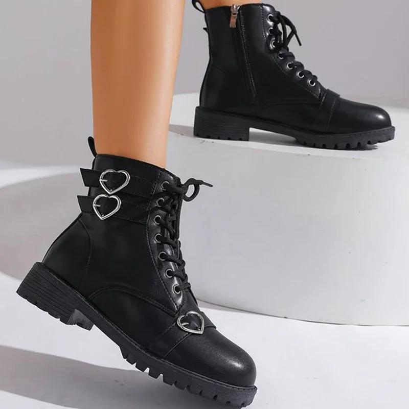 Fashion Women's Boots Metal Heart Buckle Ankle Boots for Woman Autumn Winter Lace Up Platform Short Boots Women Black Shoes Botas Mujer