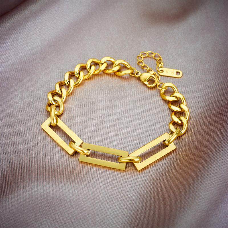 Stainless Steel Gold Color Geometric Chain Necklace Bracelet for Women Girl Jewelry Set