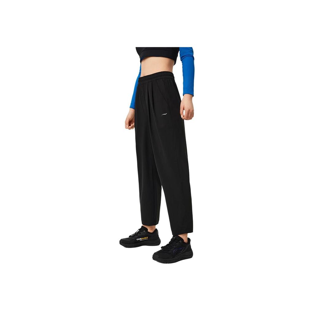 Li Ning Fitness Serisi Düz Renk Düz Paça Buz Hissiyatı Güneş Korumalı Bol Örgü Spor Pantolon Kadın alt giyim Siyah AKYU418-2