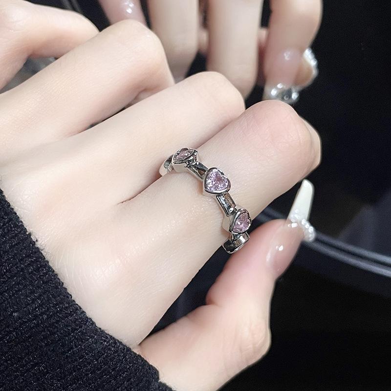 Sweet And Cool Spice Girl Inlaid Pink Diamond Love Ring Set Two-Piece Set Women'S Personality High-End Jewelry