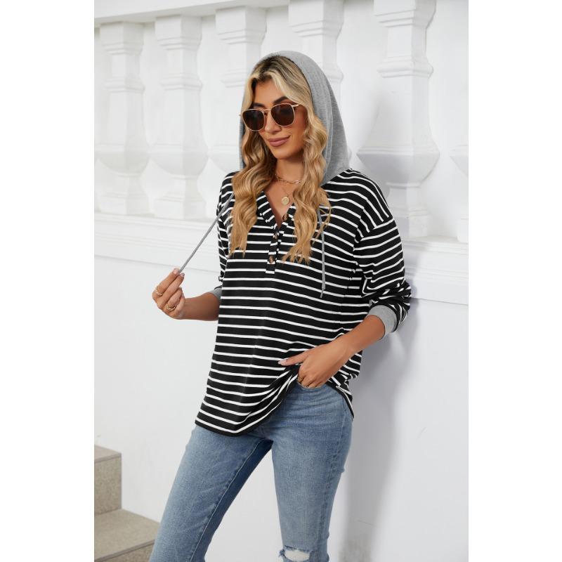 Autumn Women's Striped Clashing Colour Splicing Hooded Long Sleeve Loose Sweatshirt
