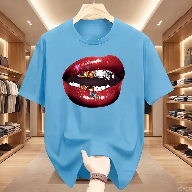 American Personalized Lip Pattern Pure Cotton Printed Unisexs And Unisexs Clothing Summer New Casual Loose Fashion Tshirt