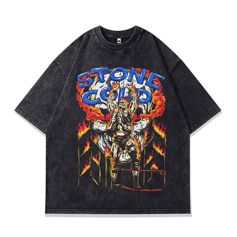 American Hip-Hop Street Tide Brand Washed Retro Old Short-Sleeved T-Shirt Skull Print Loose Men'S Clothing