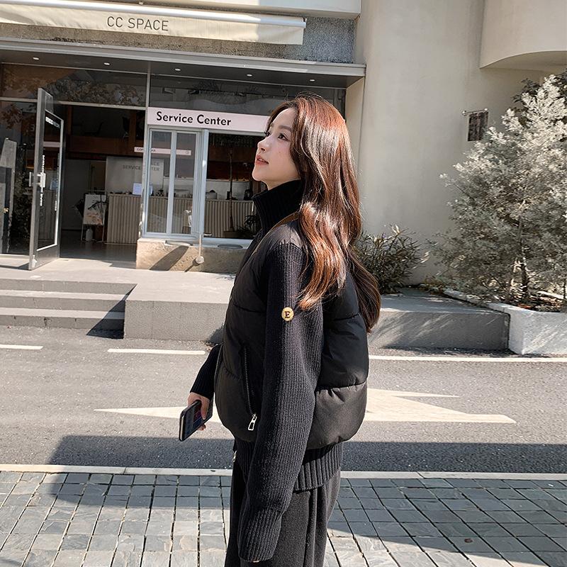 Down cotton-padded clothes women's short knitted splicing small jacket autumn and winter new light and thin stand-up neck cotton-padded clothes