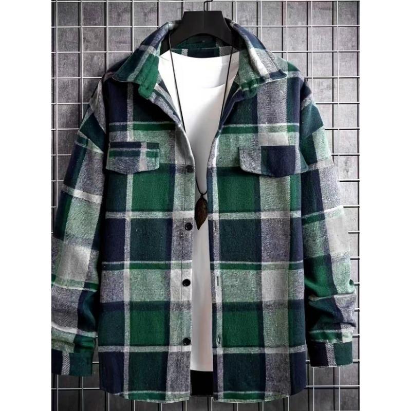 Spring and Autumn New Style Elegant Lapel Checkered Men's Shirt Retro Brushed Casual Long Sleeve Jacket