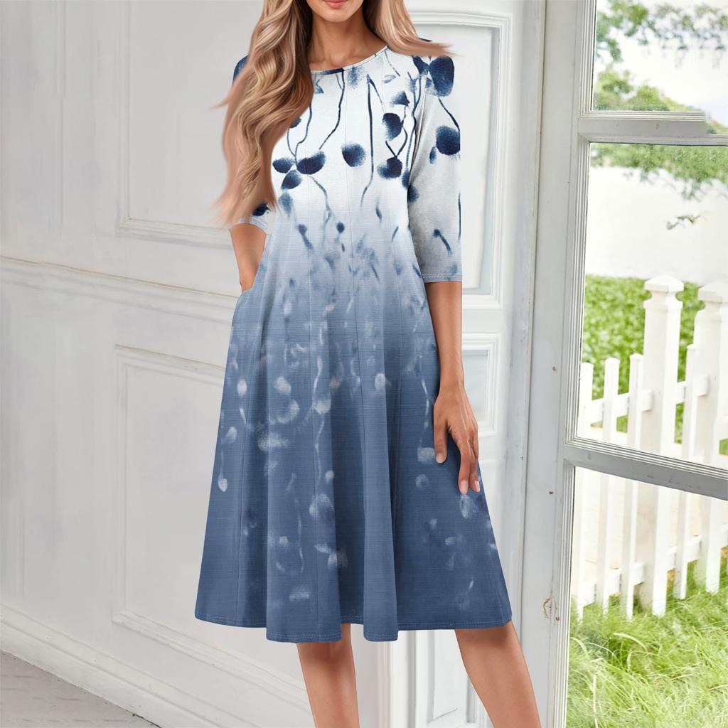 Women's Casual Fashion Round Neck Three Quarter Sleeve Print Midi Dress
