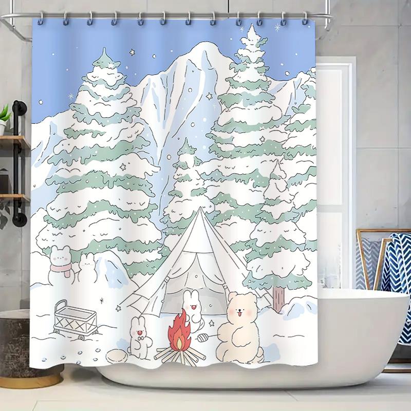 

Adorable Snowy Camping Shower Curtain With Cute Cartoon Animals Around Campfire In Winter Wonderland Decor Waterproof Durable W60H190(CM)-1 Pcs
