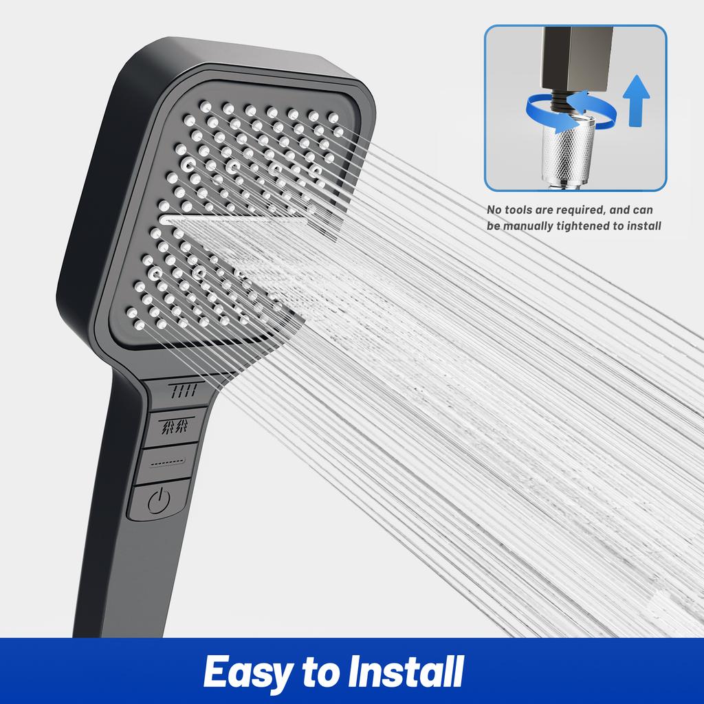 2025 New Black Water Saving Shower Head High Pressure Rainfall 7 Modes Adjustable One Key Stop Button for Bathroom Accessory