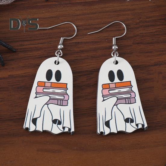 Halloween-Geister-Ohrringe, Holzgeist mit Buch-Ohrringen, Halloween-Party-Schmuck für Frauen, Make-up und Alltagskleidung