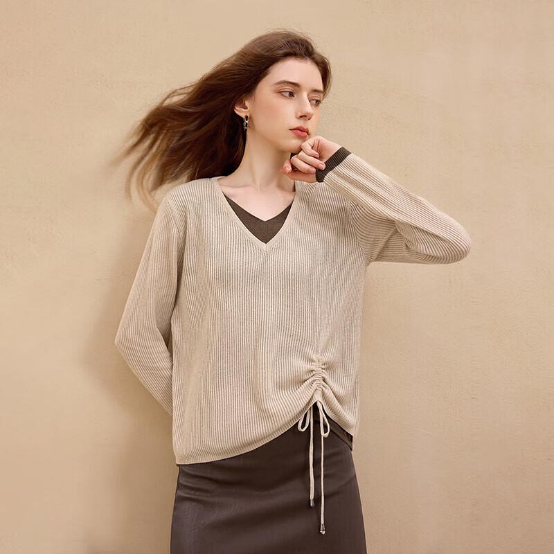 Dámský kontrastní pletený top s V-výstřihem a falešným dvoudílným vzhledem