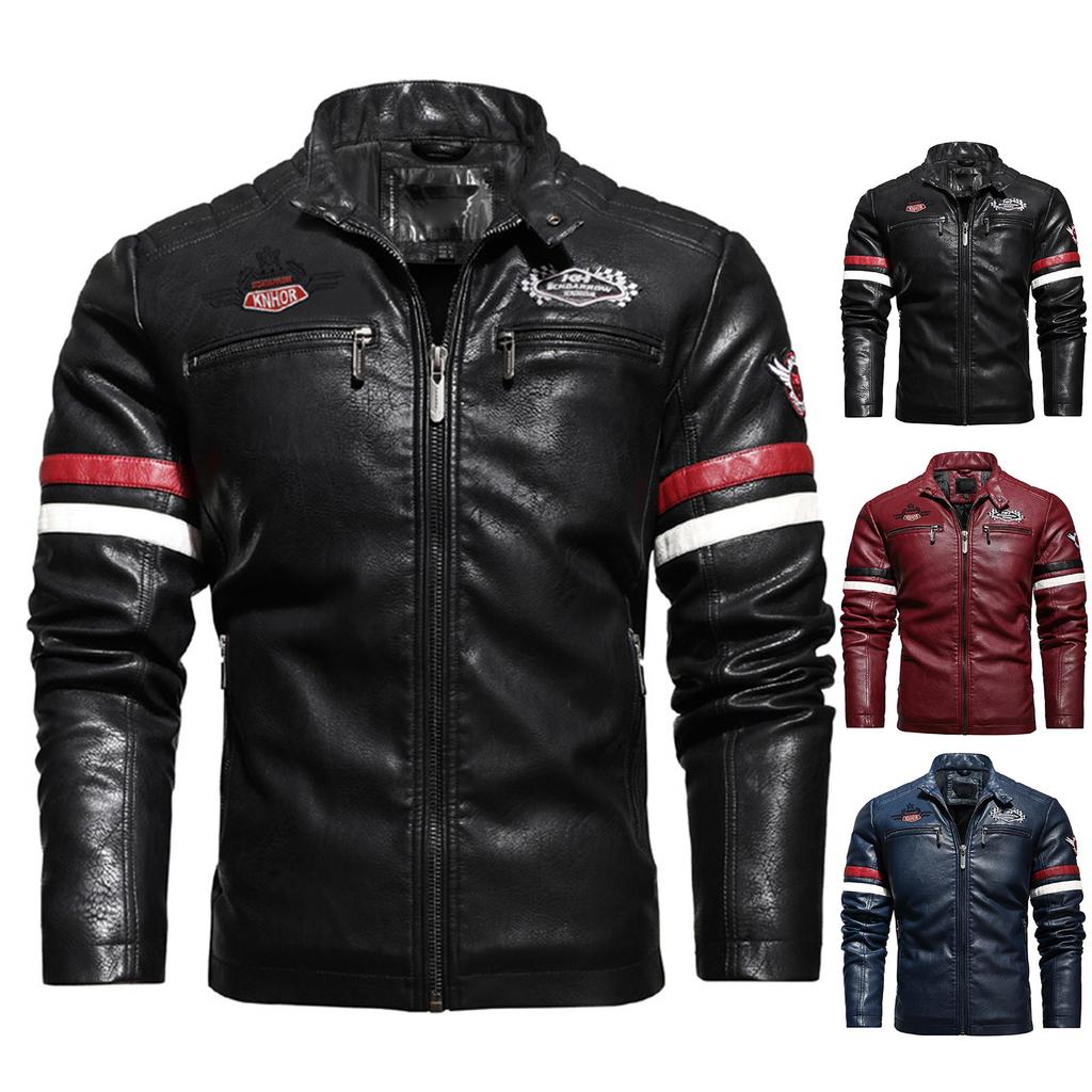 Men's Leather Motorcycle Embroidery Label PU Jacket Outdoor Racing Clothing Trendy Coat
