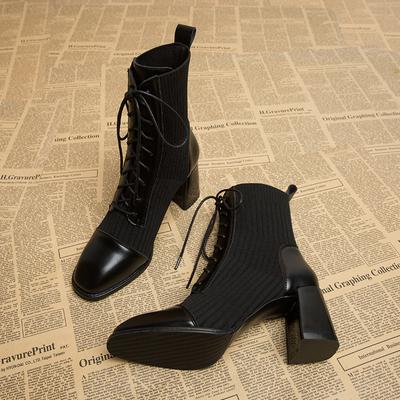 Strickstiefel Damen Herbst und Winter Dickabsatzsocken Kurzrohr-Damenstiefel Hochhackige Stiefel