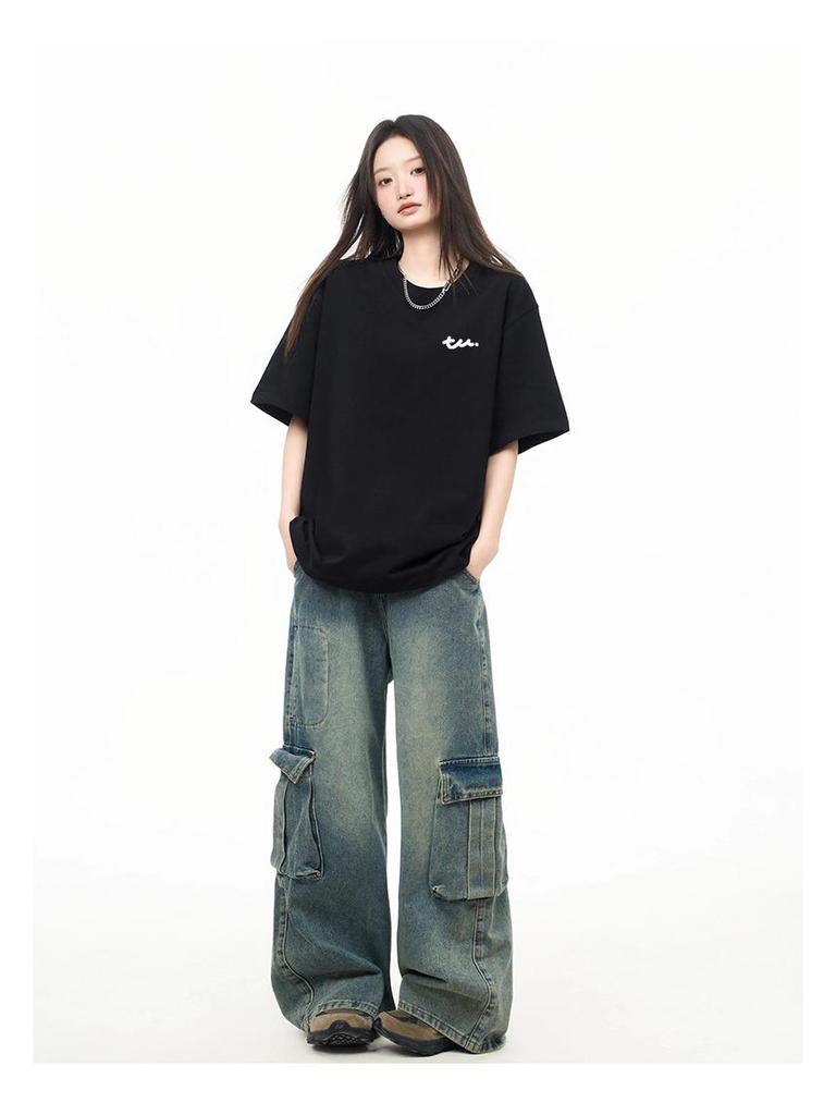 Japanese Minimalist Women's TU Print Cotton T-Shirt - Loose Short Sleeve, Round Neck, Trendy and Versatile Summer Top