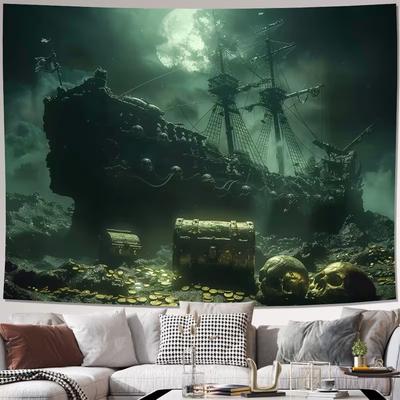 2D Pirate Treasure Tapestry, Dark Sea Ghost Ship & Moon Wall Art for Home Decor