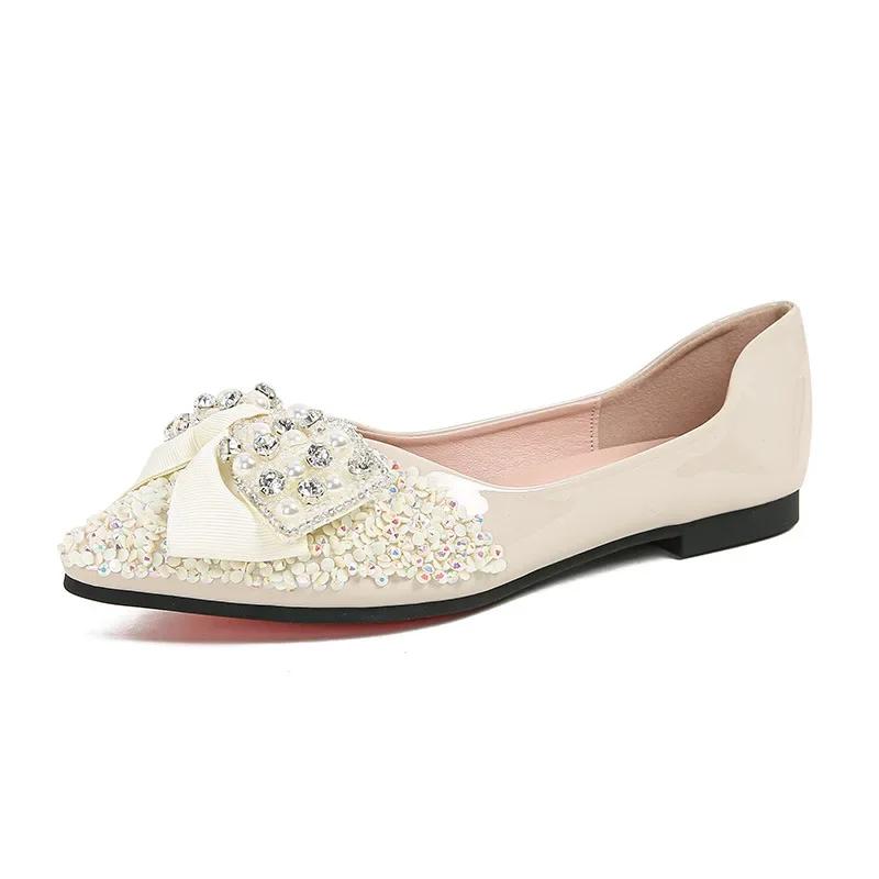 Women Flat Diamond Bow Shoes Women Autumn Fashion Breathable Work Shoes Ladies Casual Outdoor Ladies Pointed Shallow Big Size 43