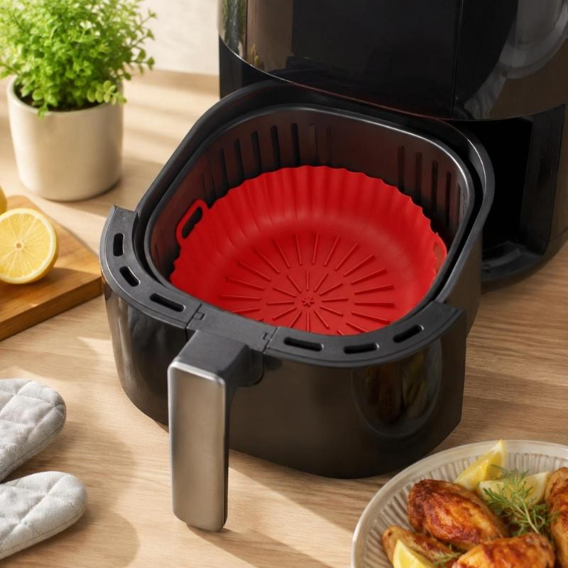Round and Square Cooking Basket Trays in Reusable Silicone with Grip Handle Design and Crumb Collecting Base Pair
