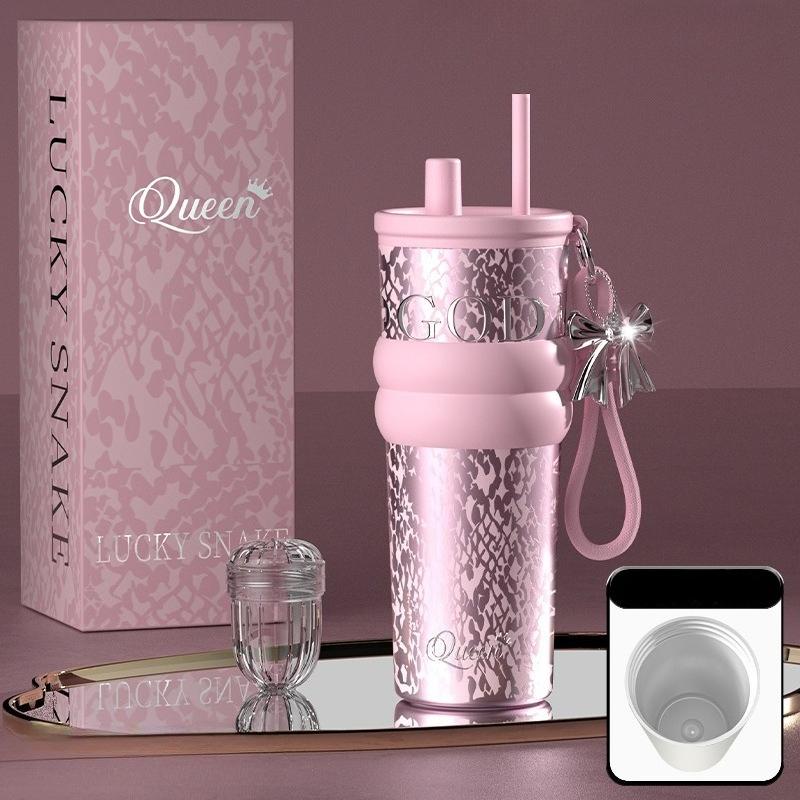710ml Travel Thermos with Straw and Leak-Proof Lid Stainless Steel Metal Water Bottle for Hot and Cold Coffee Drinks