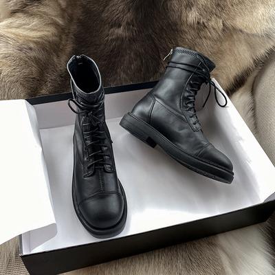 New Korean Style Lace-up Flat Black Versatile Motorcycle Boots for Autumn and Winter Women's Slim Boots Short Boots