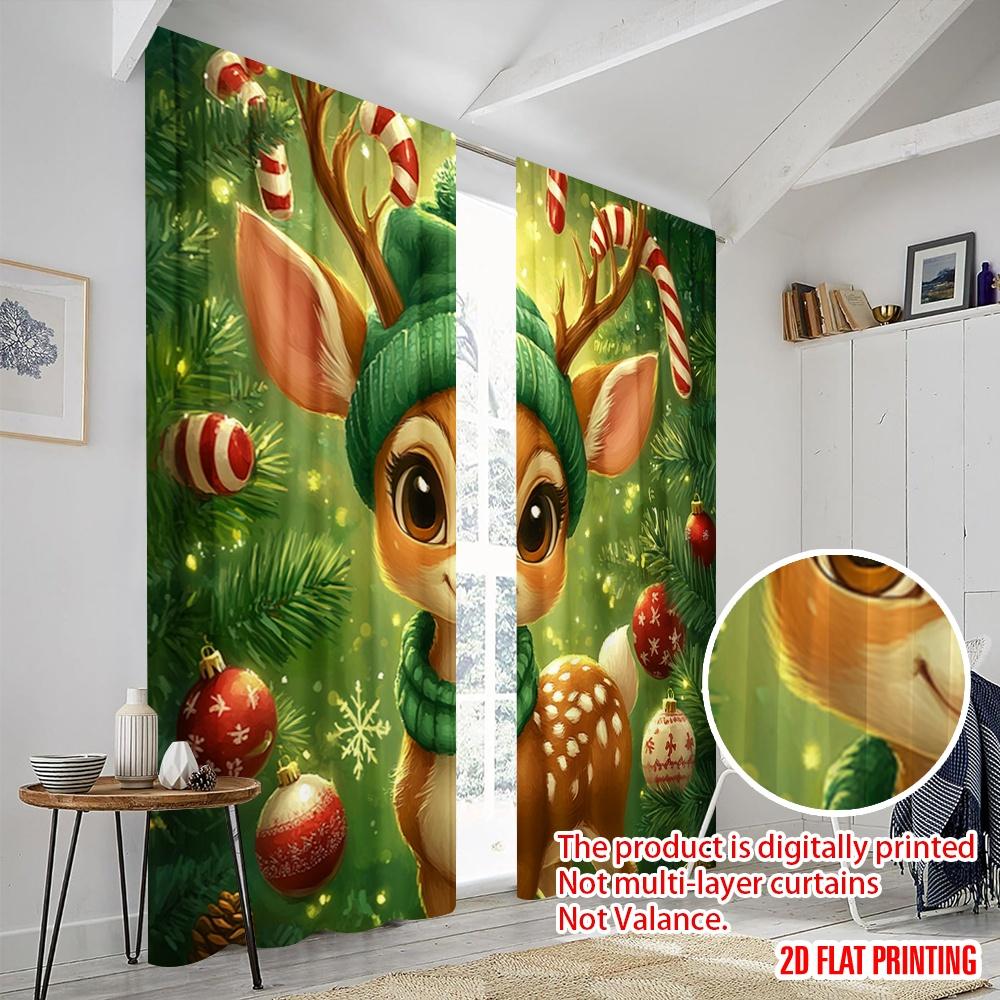 2pcs,2D plane printing Window Curtain Cute Christmas Reindeer Holiday Cheer (3) 100% Polyester (without rod) Holiday Use for