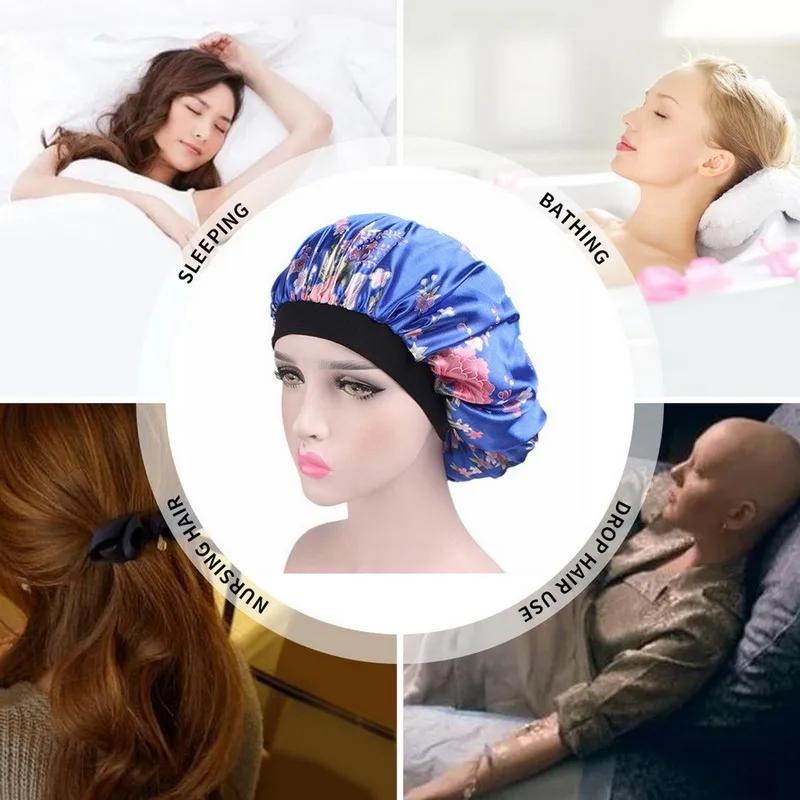 Hair Satin Bonnet For Sleeping Shower Cap Silk Bonnet Bonnet Femme Women Night Sleep Cap Head Cover Wide Elastic Band