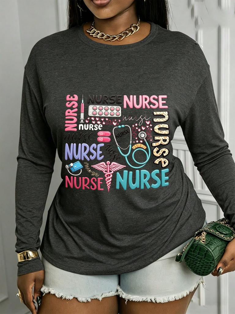 Casual Long-Sleeve Top Featuring A 'Nurse' Print Comfortable, Durable, And Versatile For All Seasons